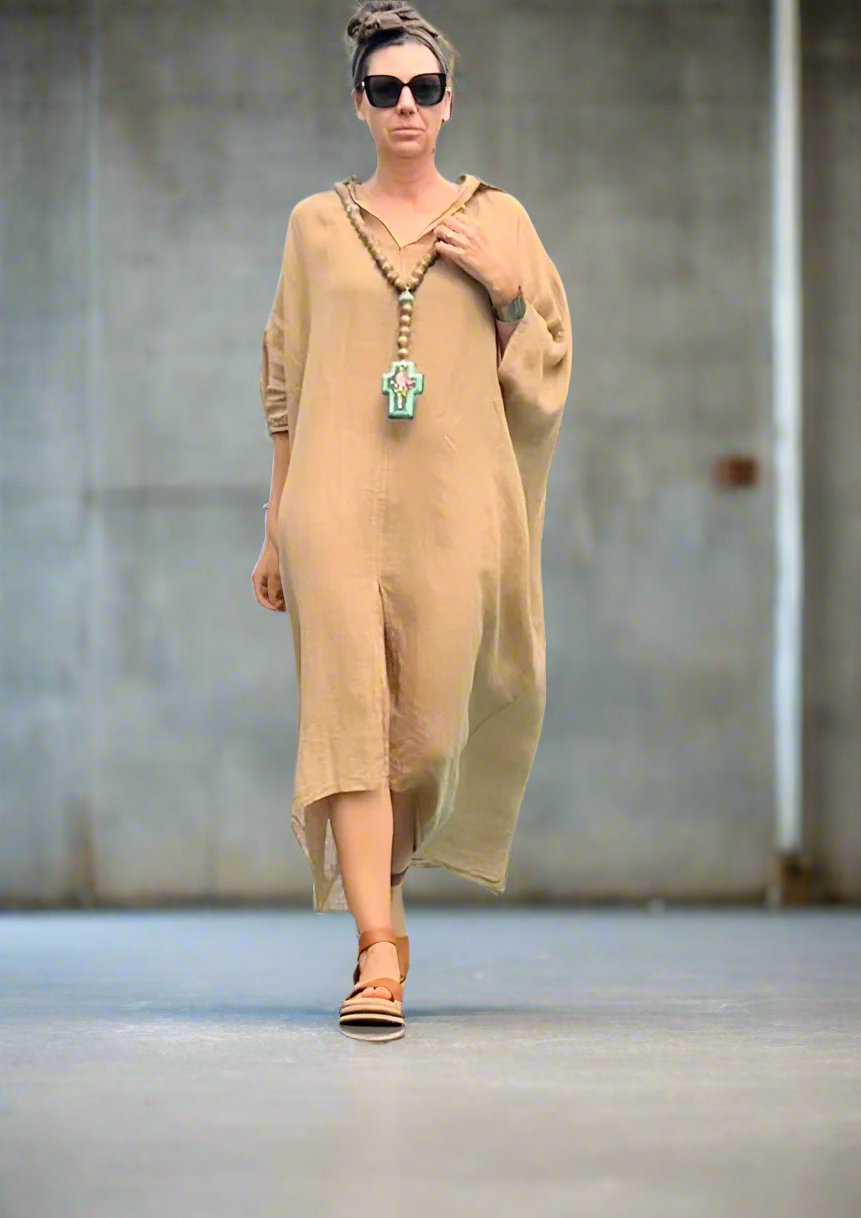 Made in Italy Resort Linen Kaftan Caramel - LUXAMORE -Dress-
