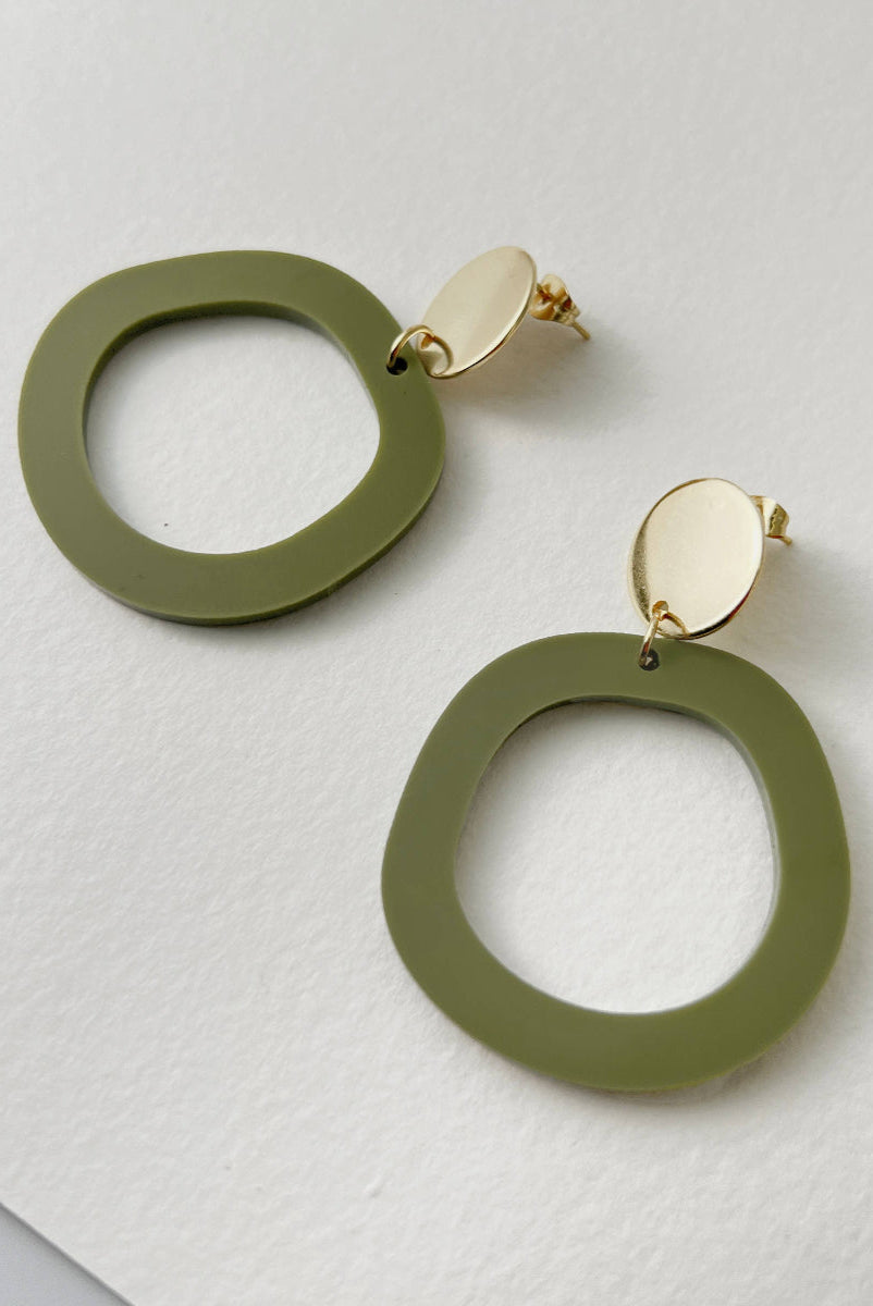 Mingled Charlie Olive Green and Gold Dangle Earrings - LUXAMORE -Earings-The Charlie Olive Green and Gold Dangle earrings are a modern statement earring in lightweight hypoallergenic laser cut acrylic with a gold plated decorative stud disc. The stud post is made from hypoallergenic Surgical Stainless Steel (304). They are extremely lightweight, you won't even know you have them on.