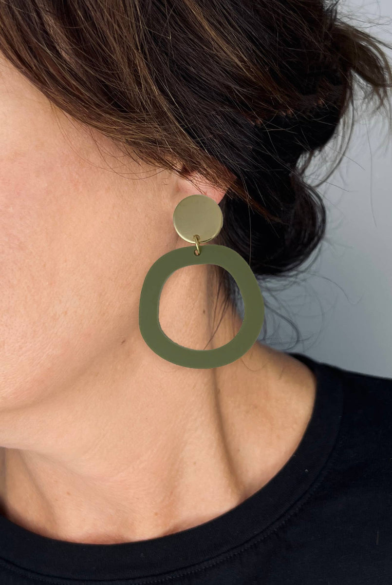 Mingled Charlie Olive Green and Gold Dangle Earrings - LUXAMORE -Earings-The Charlie Olive Green and Gold Dangle earrings are a modern statement earring in lightweight hypoallergenic laser cut acrylic with a gold plated decorative stud disc. The stud post is made from hypoallergenic Surgical Stainless Steel (304). They are extremely lightweight, you won't even know you have them on.