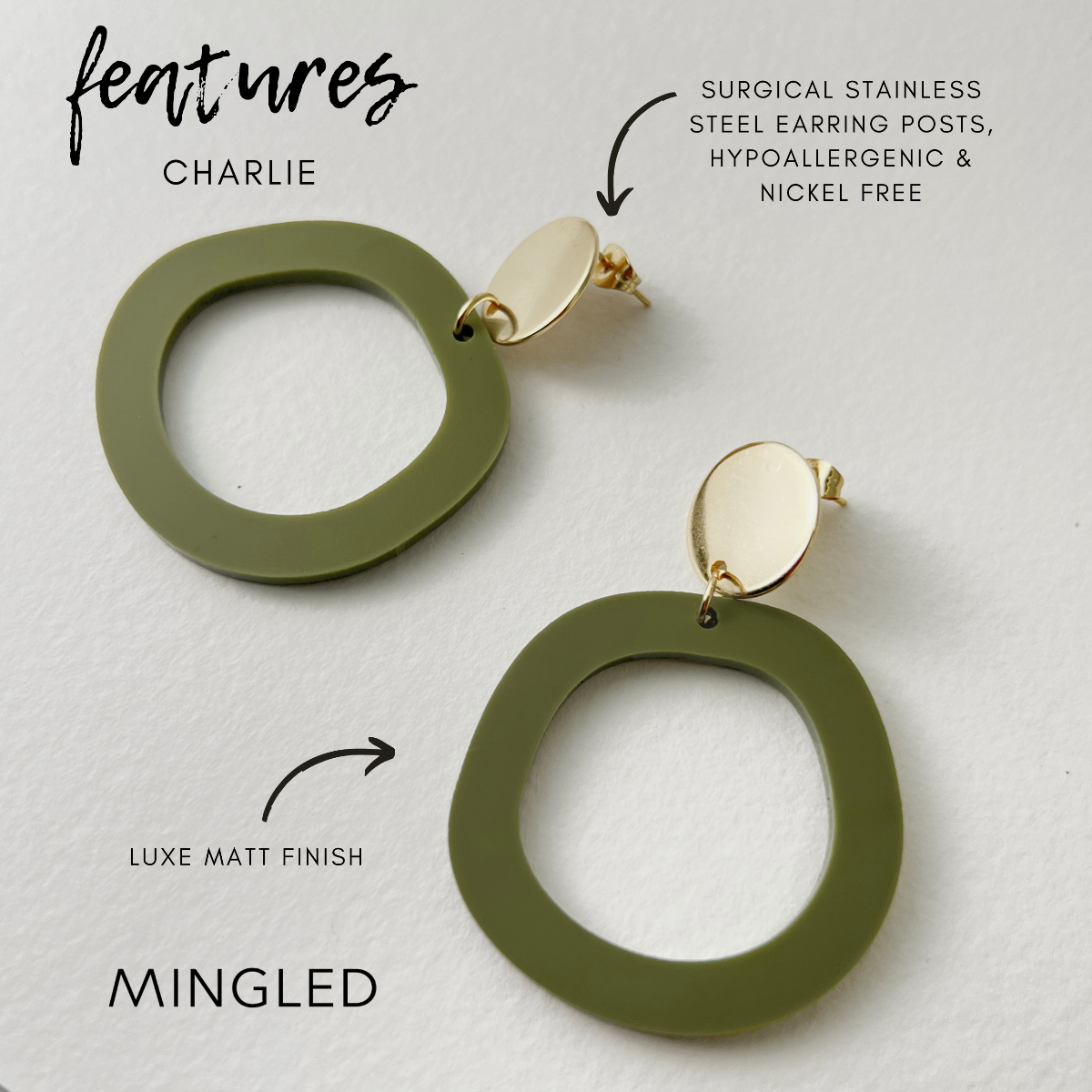 Mingled Charlie Olive Green and Gold Dangle Earrings - LUXAMORE -Earings-The Charlie Olive Green and Gold Dangle earrings are a modern statement earring in lightweight hypoallergenic laser cut acrylic with a gold plated decorative stud disc. The stud post is made from hypoallergenic Surgical Stainless Steel (304). They are extremely lightweight, you won't even know you have them on.