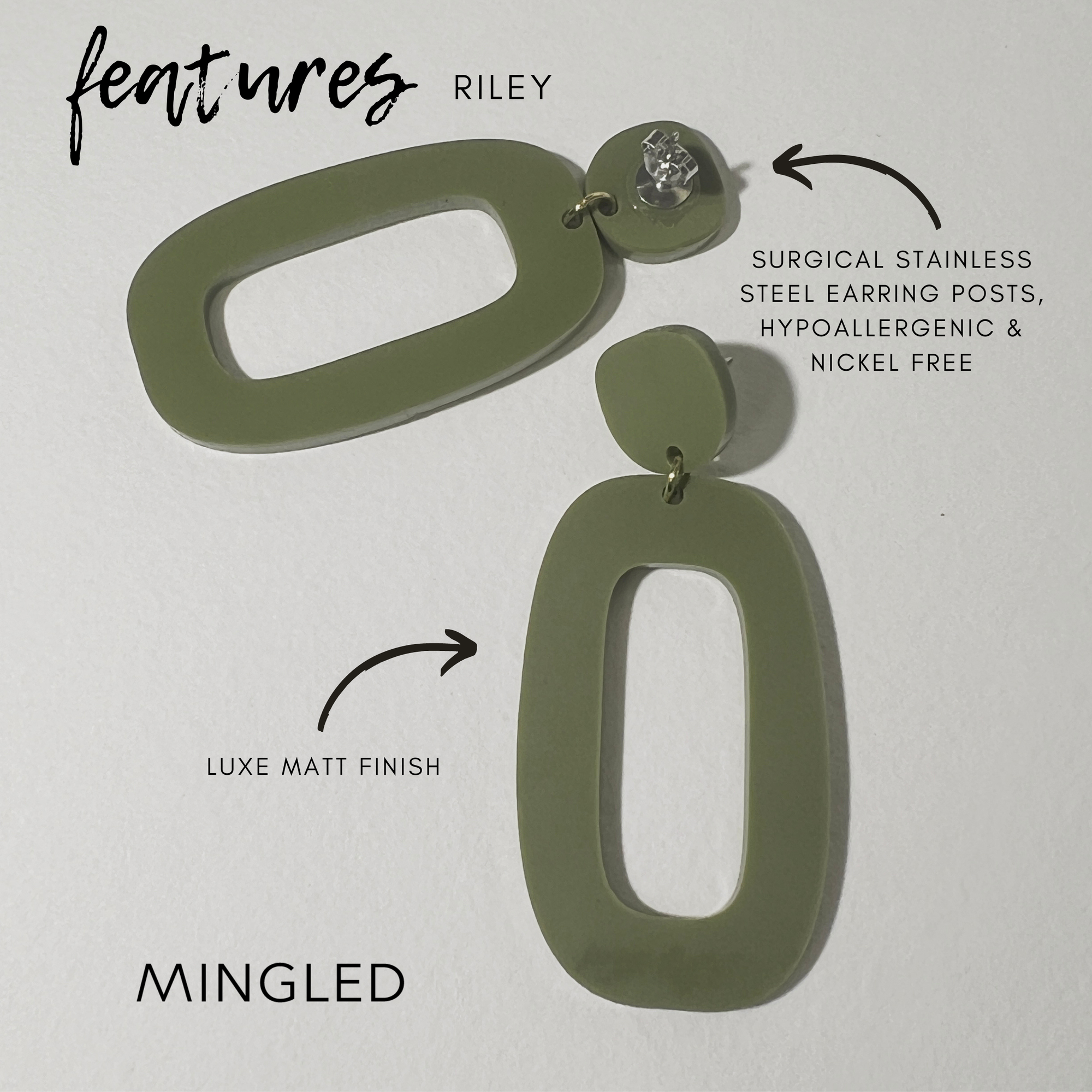 Mingled RILEY Dangle Earrings in Olive Green - LUXAMORE -Earings-Mingled RILEY Dangle Earrings are the perfect statement earrings designed for the minimalist to compliment your outfit day and night. Minimalist and modern.
