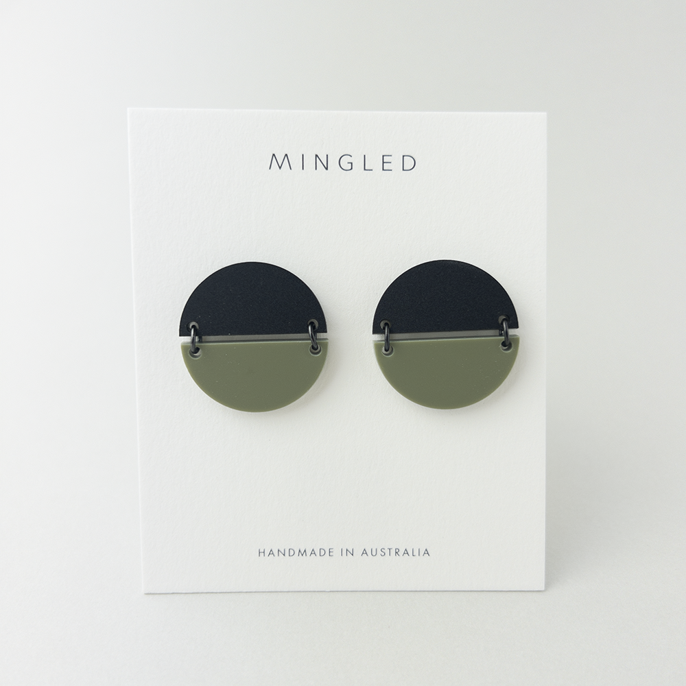Mingled Statement Studs in Olive Green and Black - LUXAMORE --The TWO PIECE Statement Studs in Black and Olive Green are the perfect modern minimalist earrings. The geometric, large round half discs are joined with high quality black coated stainless steel jump rings Studs. Handmade in Australia with surgical steel hypoallergenic posts making them perfect for sensitive ears. Made from highly durable acrylic, these earrings are super lightweight, you won't even know you are wearing them.
