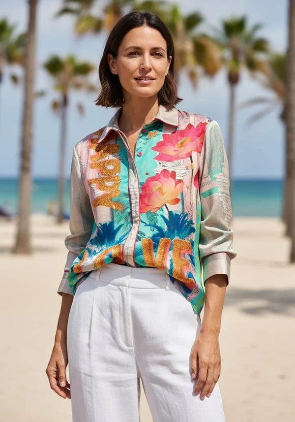 Miss Goodlife Love Palace blouse featuring one of a kind print. LUXAMORE