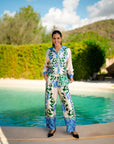 Miss Goodlife Green Garden Blouse Made in Italy worn by model in natural setting LUXAMORE 
