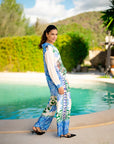 Miss Goodlife Green Garden Blouse Made in Italy worn by model in natural setting LUXAMORE 