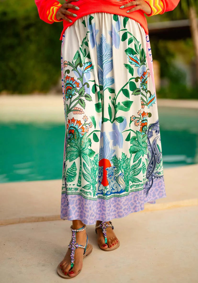 Miss Goodlife Green Garden Skirt Made in Italy worn by model in natural setting LUXAMORE 