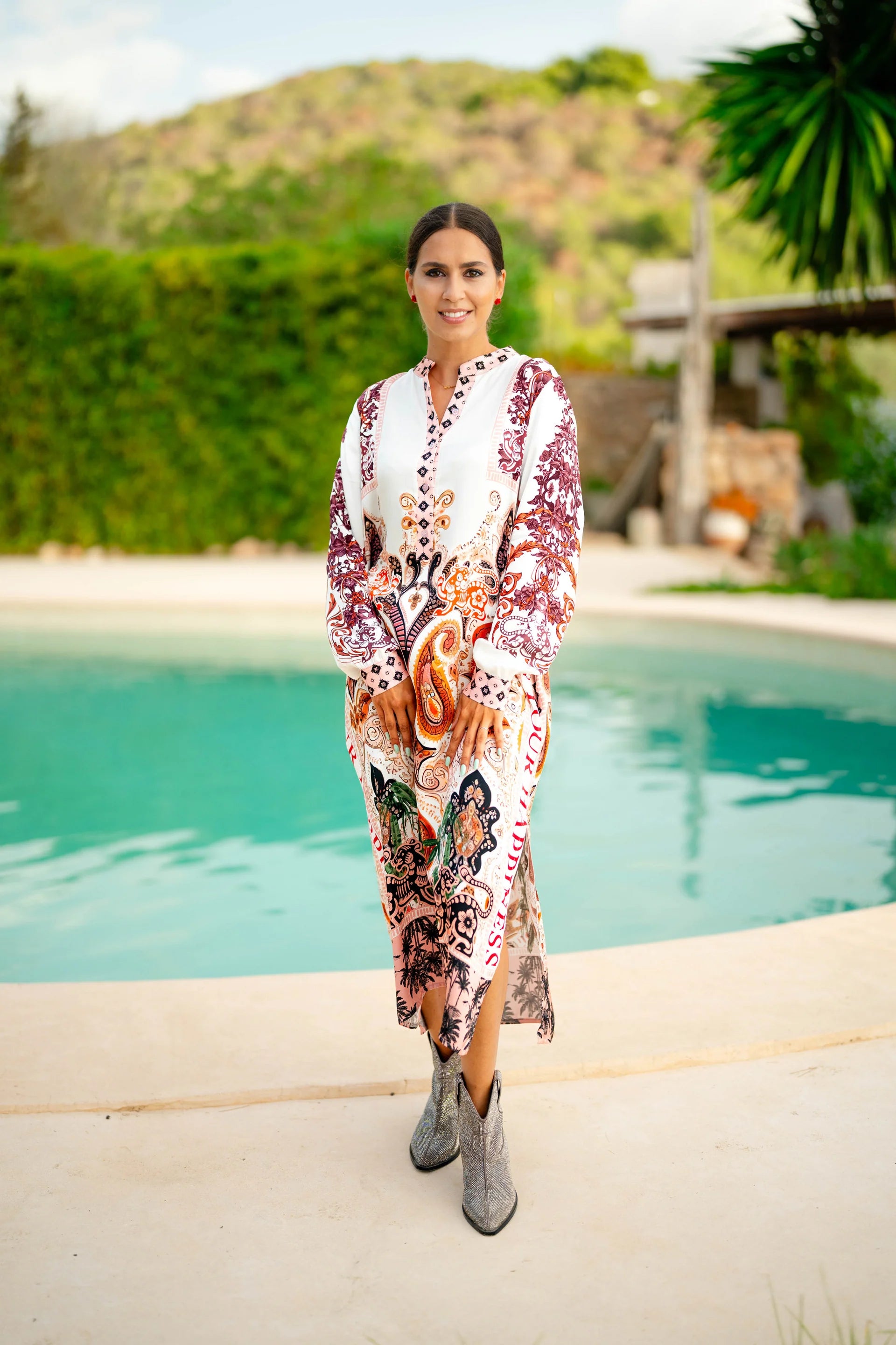 Miss Goodlife Midi Dress Boheme Glamour Made in Italy worn by model in natural setting LUXAMORE 