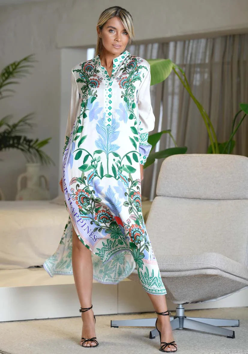 Miss Goodlife Midi Dress Green Garden worn by model in natural setting LUXAMORE 