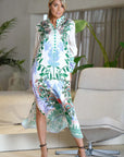 Miss Goodlife Midi Dress Green Garden worn by model in natural setting LUXAMORE 