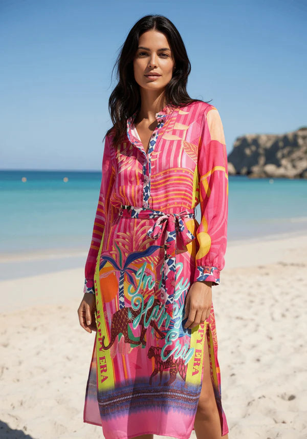 Luxury resort-wear dress: Close-up of the small stand-up collar and button placket on the Miss Goodlife Sunset Dream dress.