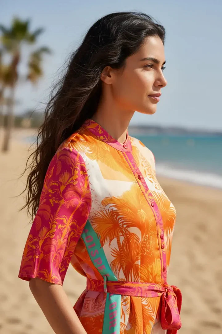 Maxi shirt dress: Miss Goodlife Orange Palm Maxi Dress featuring a bold tropical print and short sleeve design.