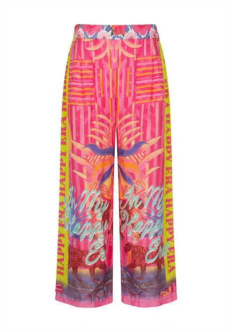 Wide-leg 7/8 trousers: Miss Goodlife Pants Sunset Dream in an all-over multicolor print with a wide waistband. LUXAMORE