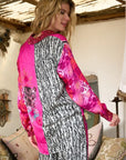 Miss Goodlife Pink Animal Love Blouse Made in Italy worn by model in natural setting LUXAMORE 