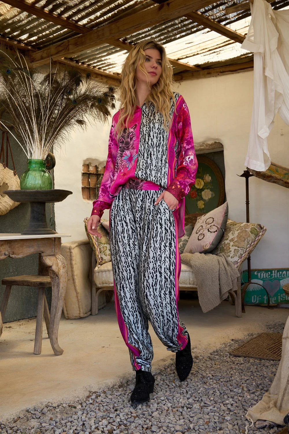 Miss Goodlife Pink Animal Love Blouse Made in Italy worn by model in natural setting LUXAMORE 