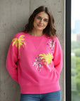 Miss Goodlife Roundneck Palmtree Paillette Sweater worn by model in natural setting LUXAMORE 