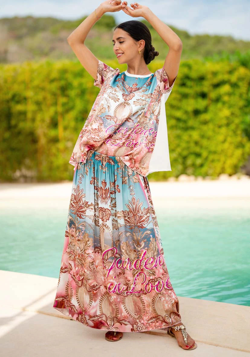 Miss Goodlife T-shirt Light Garden Made in Italy worn by model in natural setting LUXAMORE 