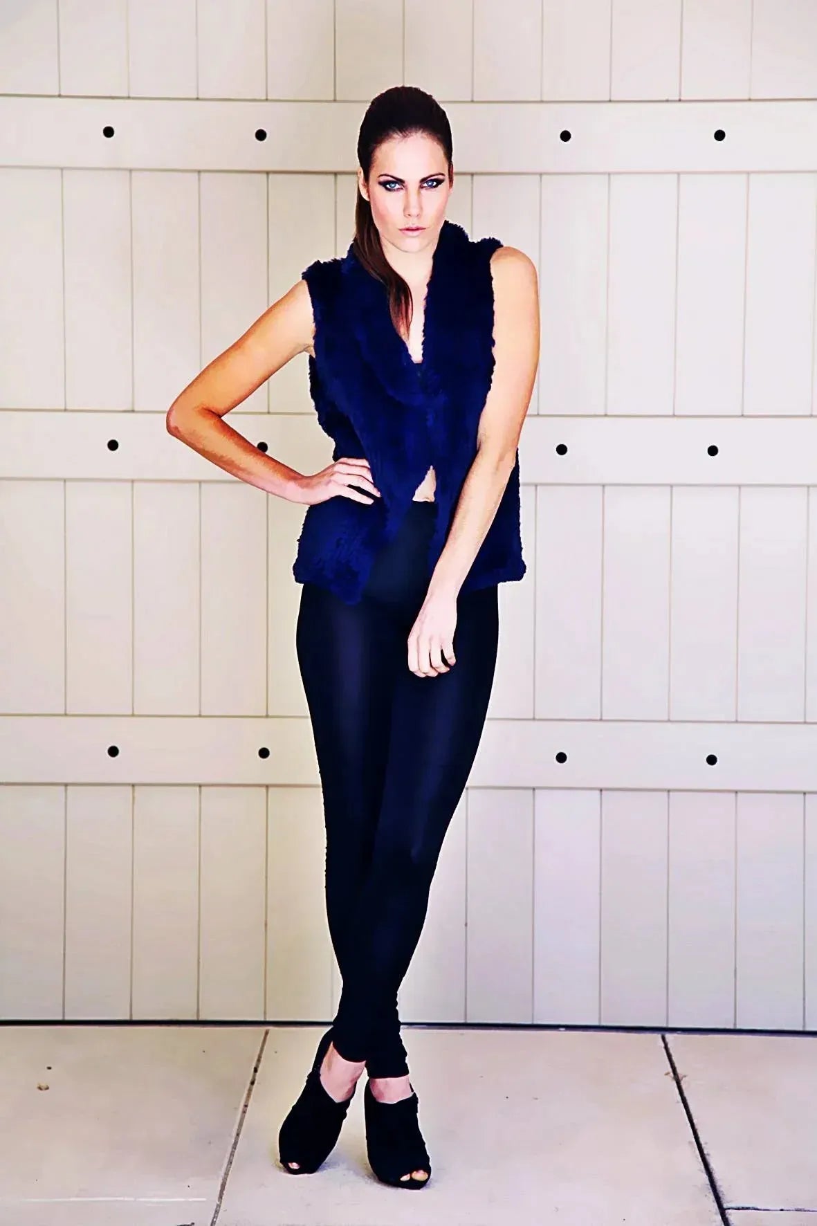 Mode & Affaire Collier Fur Vest - Ink worn by model in natural setting LUXAMORE 