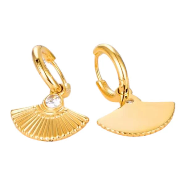 Orna Curio Fan Mail Gold Earrings - LUXAMORE -Earings-Gold Plated Earrings Introducing our Fan Mail Earrings, crafted with 18k gold plating and intricate fan carvings accented by a sparkling cubic zirconia centerpiece. Materials: 18k Gold Plated Stainless Steel Dimensions: 2.8cm x 2cm