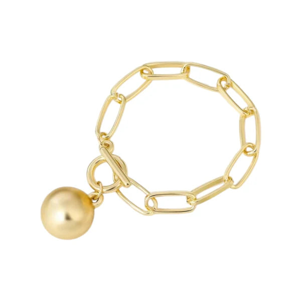 Orna Curio Golden Years Gold Plated Bracelet - LUXAMORE -Bracelets-Gold Plated Bracelet The perfect bracelet Introducing the 'Golden Years' Bracelet, a heartfelt homage to the legendary David Bowie. Crafted in stunning gold-plated alloy, this bracelet stands as a statement piece on its own or offers the canvas for your creativity with the addition of your favorite charms. It showcases a captivating hanging ball and a bold large link chain. Materials: Gold Plated Alloy Measurements: 18cm