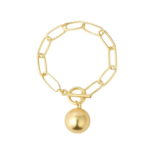 Orna Curio Golden Years Gold Plated Bracelet - LUXAMORE -Bracelets-Gold Plated Bracelet The perfect bracelet Introducing the 'Golden Years' Bracelet, a heartfelt homage to the legendary David Bowie. Crafted in stunning gold-plated alloy, this bracelet stands as a statement piece on its own or offers the canvas for your creativity with the addition of your favorite charms. It showcases a captivating hanging ball and a bold large link chain. Materials: Gold Plated Alloy Measurements: 18cm