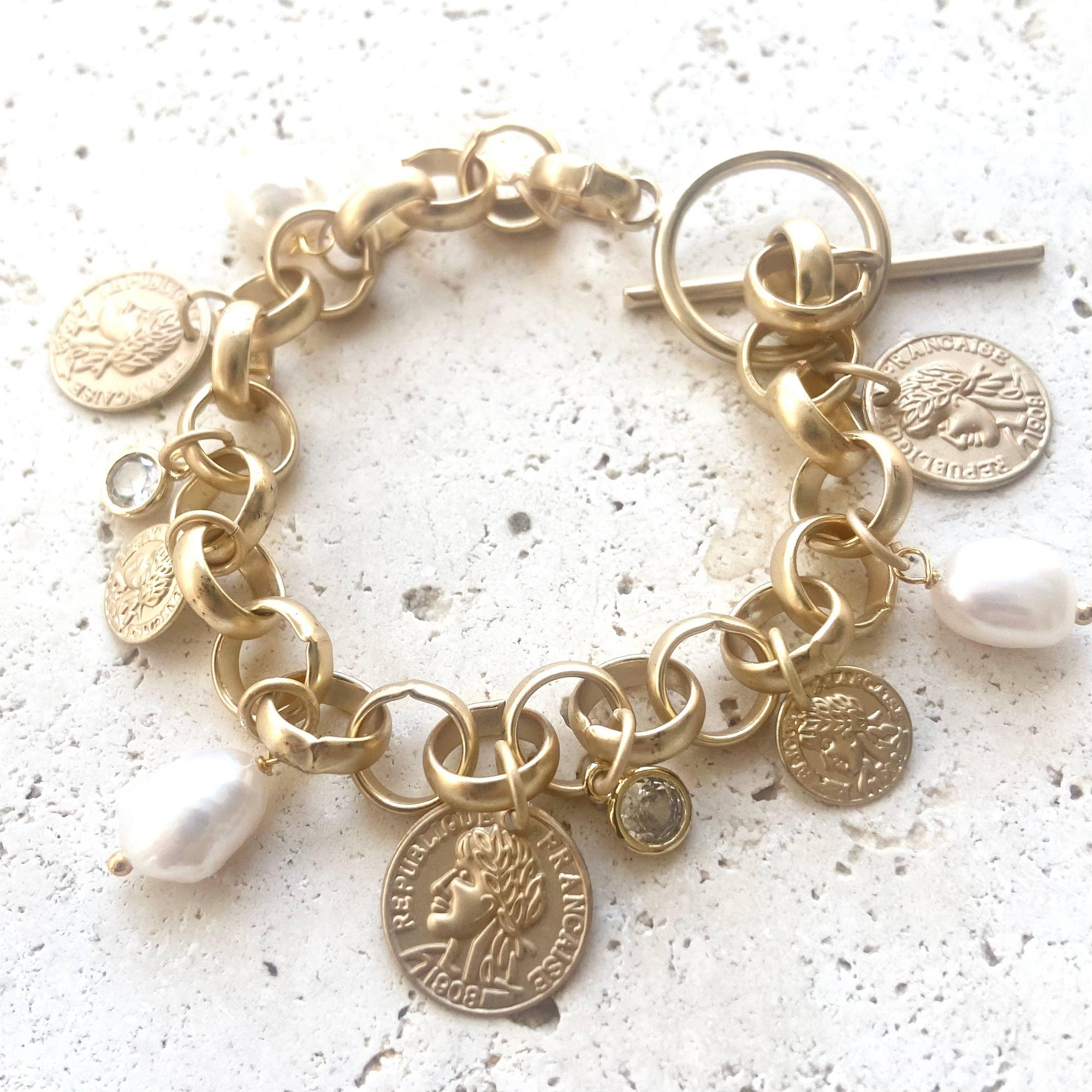 Pre Order Charm coin bracelet French coin jewelry pearl fall jewelry: Silver worn by model in natural setting LUXAMORE 
