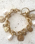 Pre Order Charm coin bracelet French coin jewelry pearl fall jewelry: Silver worn by model in natural setting LUXAMORE 
