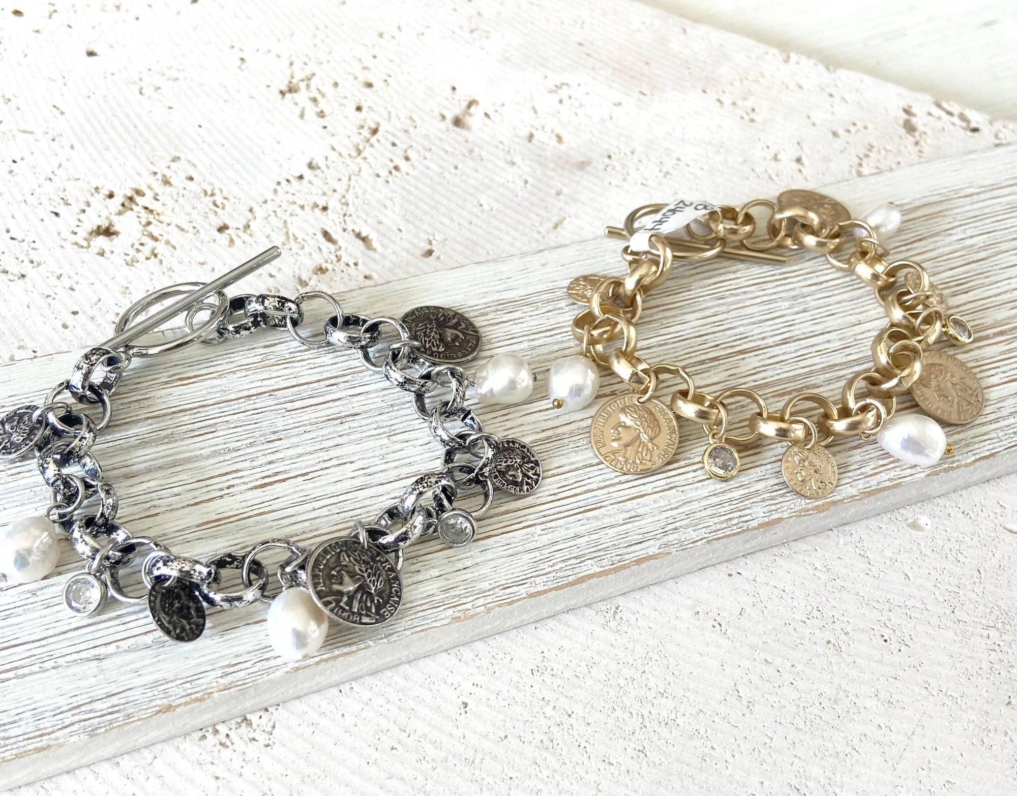 Pre Order Charm coin bracelet French coin jewelry pearl fall jewelry: Silver worn by model in natural setting LUXAMORE 