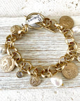 Pre Order Charm coin bracelet French coin jewelry pearl fall jewelry: Silver worn by model in natural setting LUXAMORE 