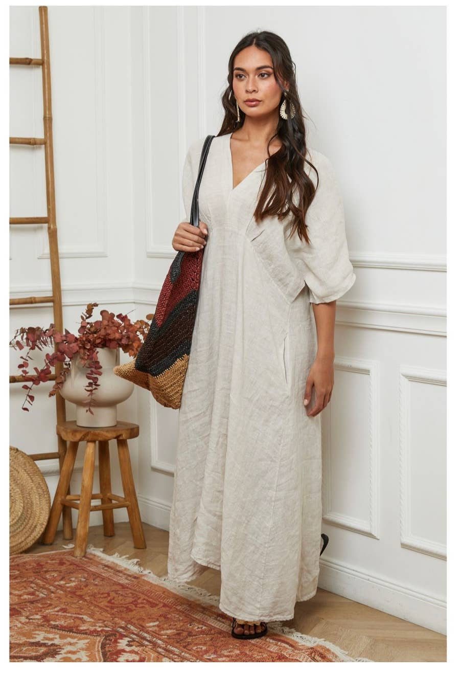 Linen Dress Maxi Made in Italy Charcoal Grey