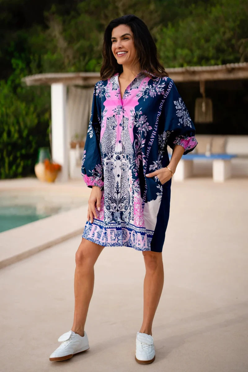 Pre Order Miss Goodlife Freedom Shirt Dress worn by model in natural setting LUXAMORE 