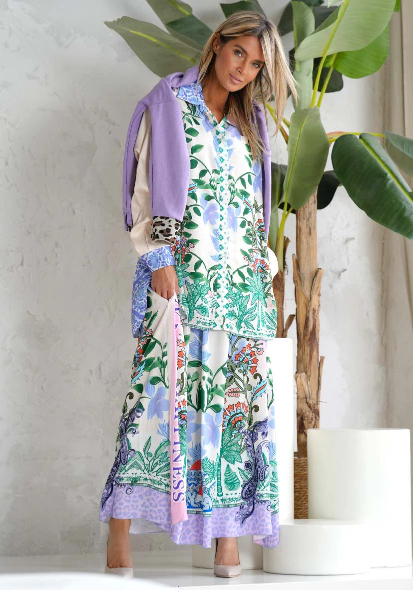 Pre Order Miss Goodlife Green Garden Blouse worn by model in natural setting LUXAMORE 