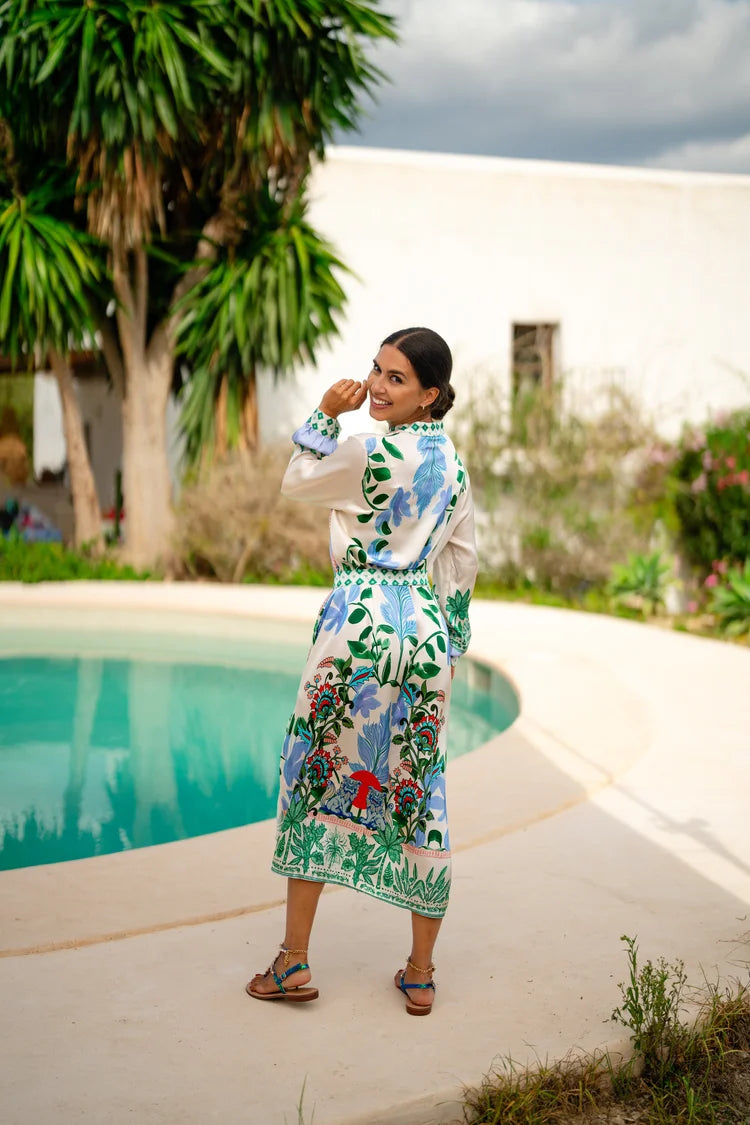 Pre Order Miss Goodlife Midi Dress Green Garden worn by model in natural setting LUXAMORE 