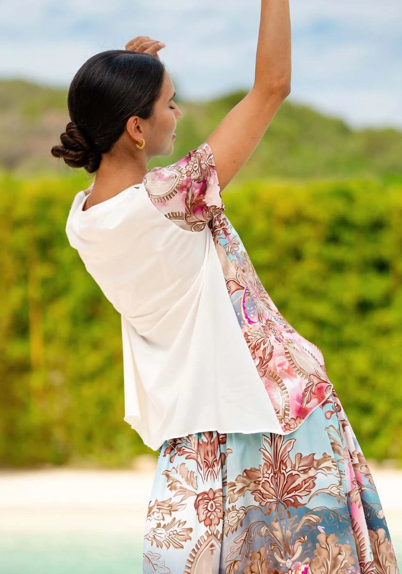 Pre Order Miss Goodlife T-shirt Light Garden worn by model in natural setting LUXAMORE 