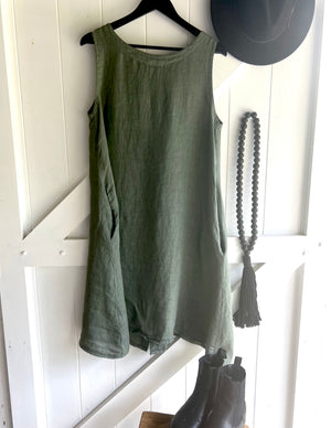 Made in Italy Cascade Linen Dress Olive