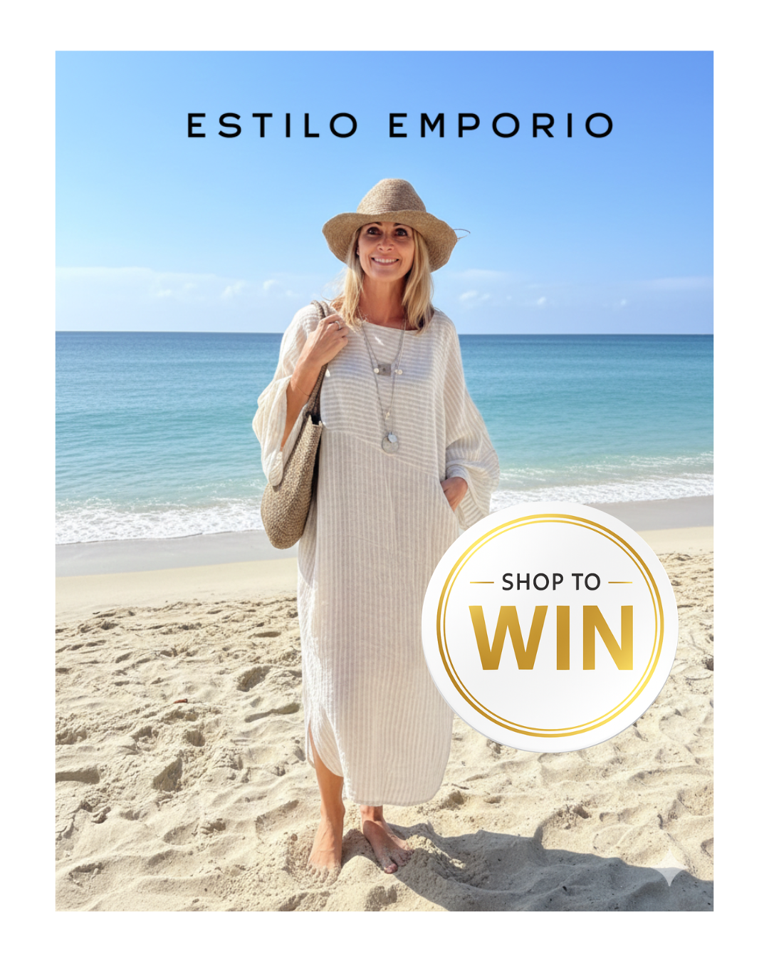 Woman on a beach with 'Estilo Emporio' branding and 'Shop to Win' offer.