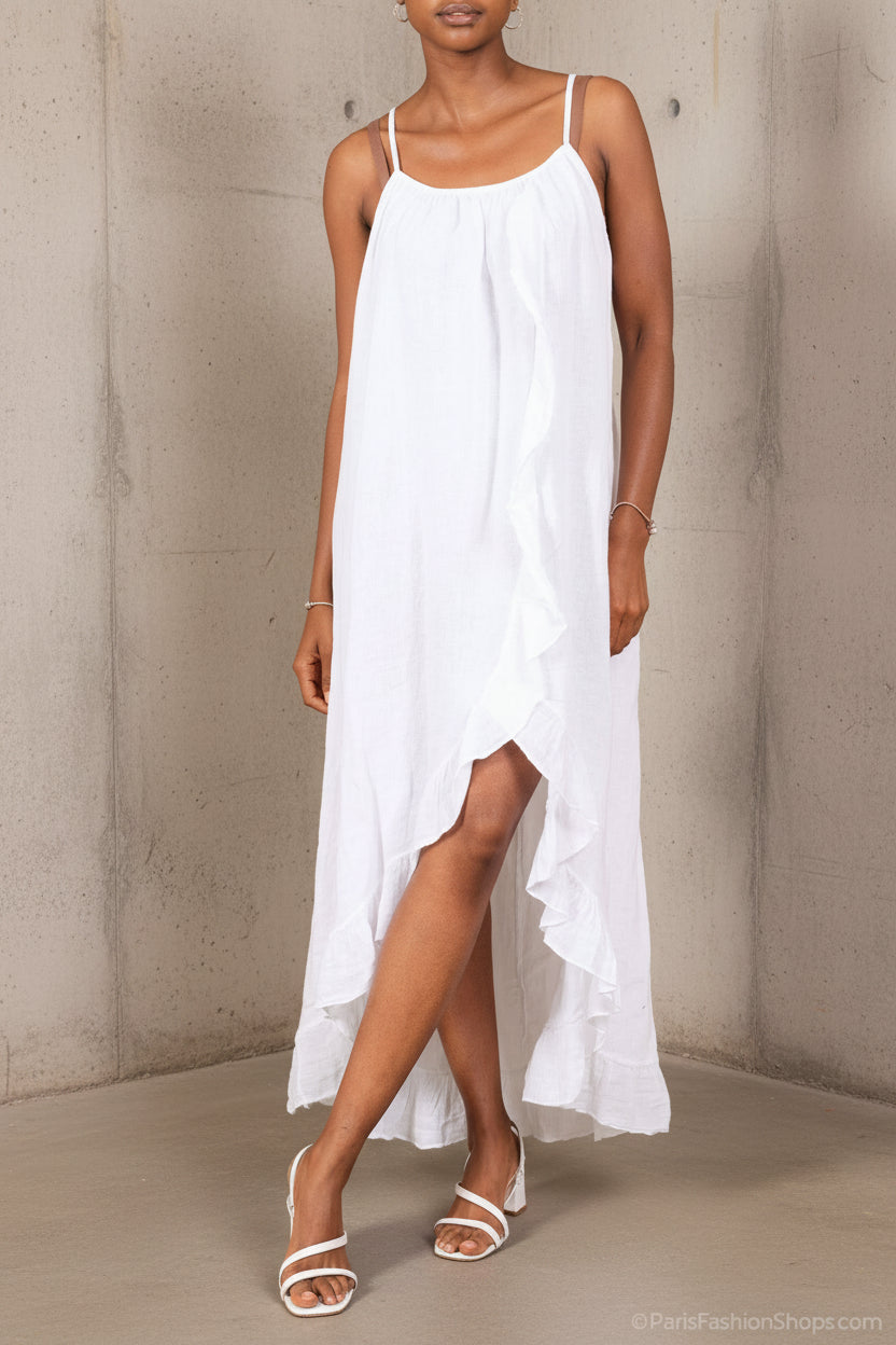 Woman Wearing White Linen Dress Maxi Ruffled Made in Italy - One size - Dress LUXAMORE