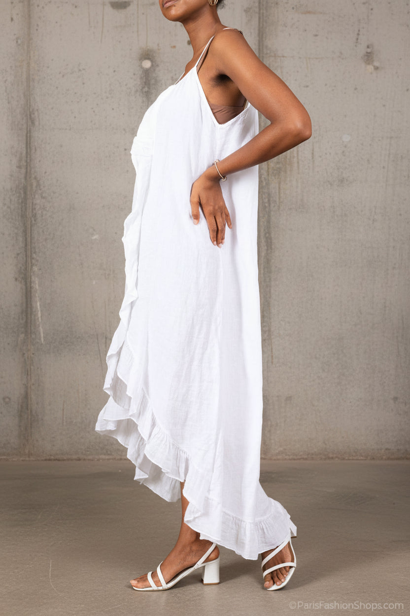 Woman Wearing White Linen Dress Maxi Ruffled Made in Italy - One size - Dress LUXAMORE
