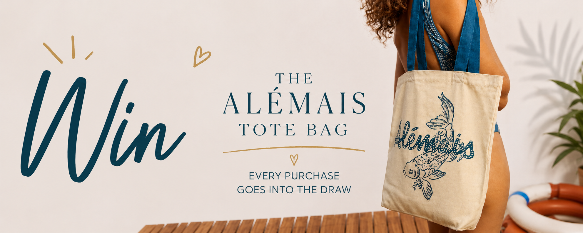 A promotional graphic to win an alemais bag. On the right, a model wearing a blue bikini carries a cream canvas tote bag printed with a blue mermaid and the word 'Alémaïs'.