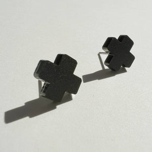 Mingled Black Cross Stud Earrings - Small Cross Earrings, Minimalist