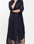 Linen Dress Shirtdress, Button-Up, Midi Length Made in Italy Navy
