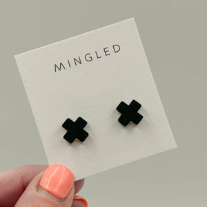 Mingled Black Cross Stud Earrings - Small Cross Earrings, Minimalist