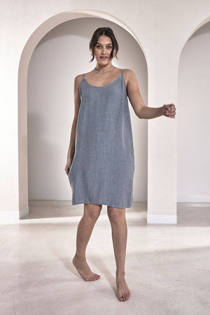 Eadie Lifestyle Linen Slip Dress Blue