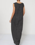 Linen Dress Sleeveless Raw Edge, Maxi Made in Italy Black
