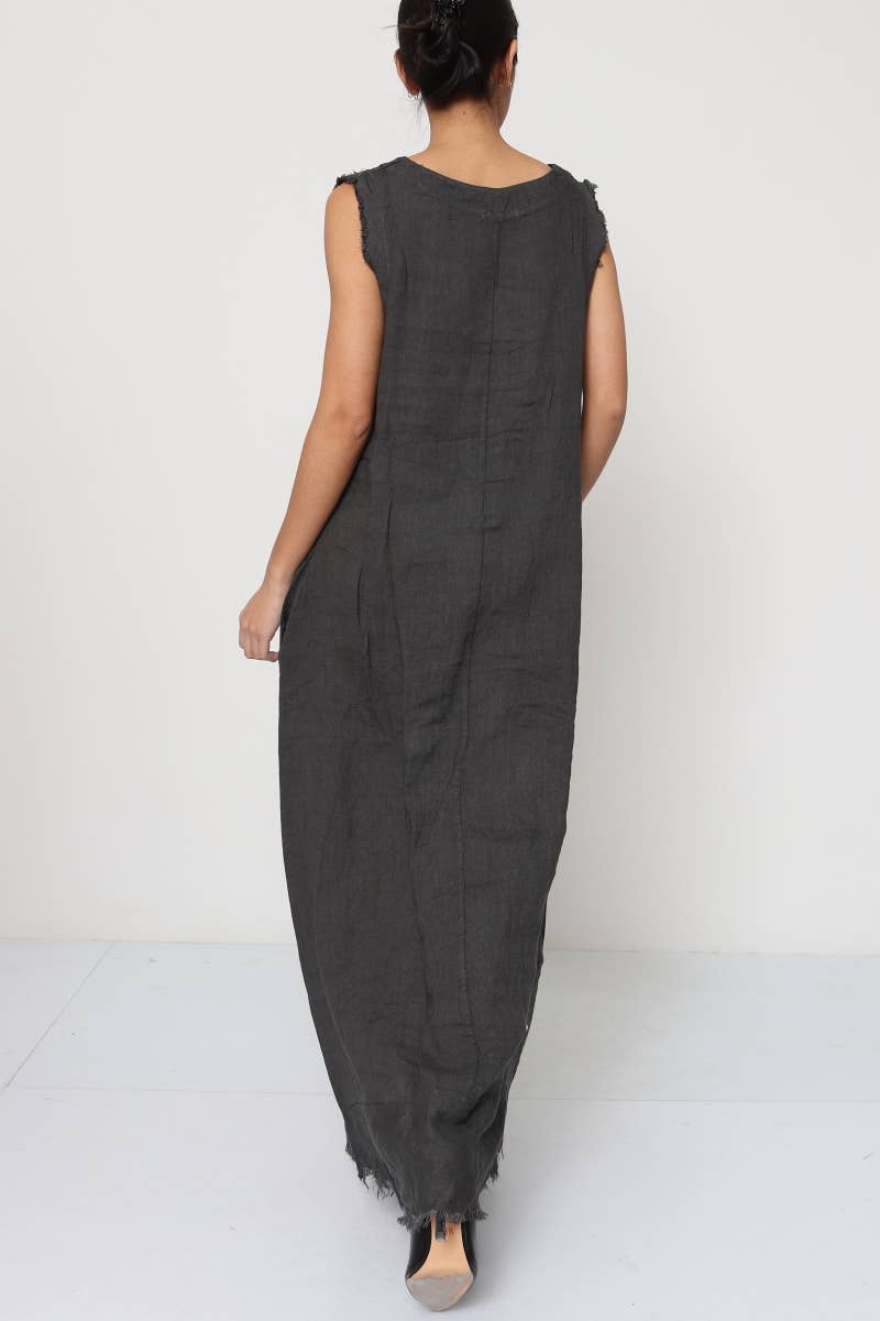 Linen Dress Sleeveless Raw Edge, Maxi Made in Italy Khaki