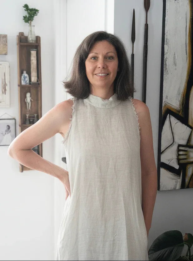 Linen Dress Maxi High Collar Made in Italy - Beige - One size worn by model in natural setting LUXAMORE 