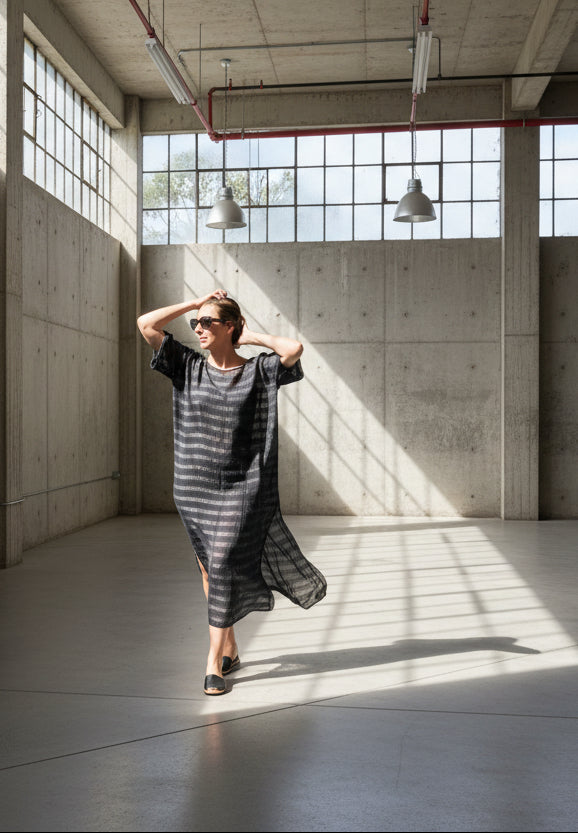 Person in a striped dress standing in industrial studio