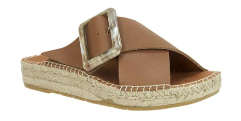 Estilo Emporio Husk Tan Slide - LUXAMORE -Shoes-Estilo Emporio Slide These espadrille slides have been handmade in Spain from vaqueta leather and topped with a tortoiseshell-embellished buckle. They have a platform heel and padded contoured leather footbeds to ensure a comfortable fit. Upper: LeatherInsole: LeatherOutsole: Rubber Height: 3cm Made in Spain